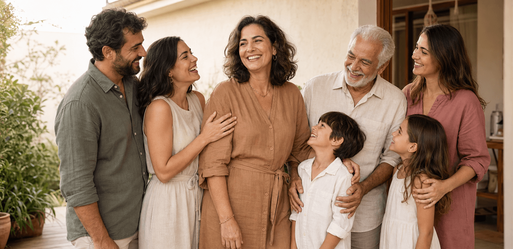 Família reunida e sorrindo em uma varanda iluminada